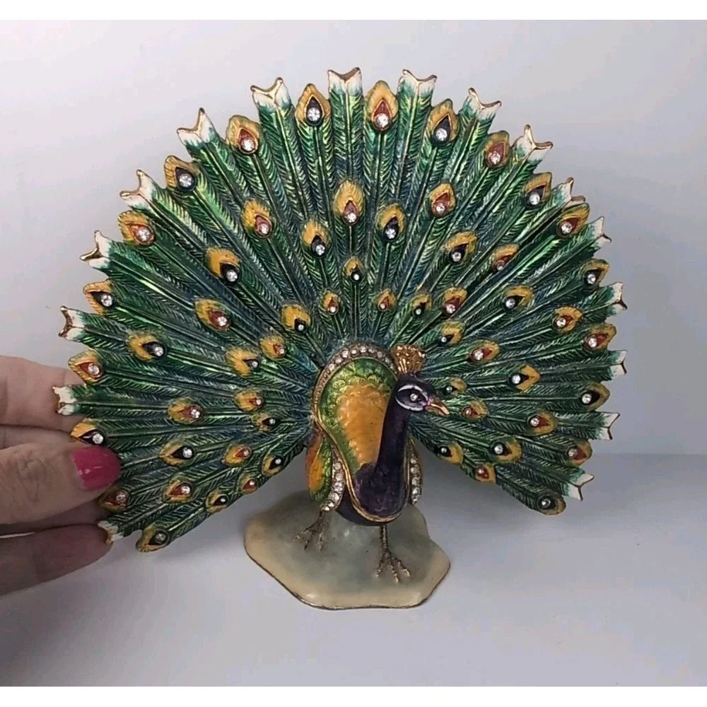 Sorelle Peacock Trinket Box Gold tone Hinged Storage Colorful Bejeweled